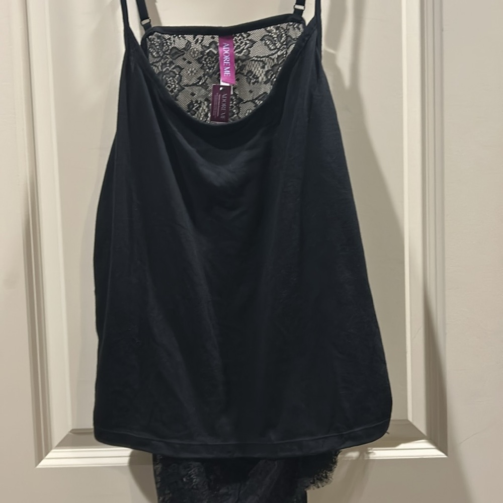 NWT Adore Me Lace back Cami +Boy Short scalloped sheer lace set size 1X black
